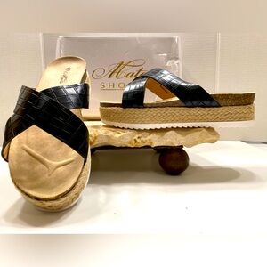 NIB Mata Priscilla Platform Espadrille Slides Black Crocodile Embossed Sz 10 W